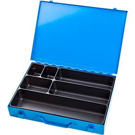 ADB Assortimentkoffer , leeg, 6 vakken, afsluitbaar, met handvat, B 330 x D 230 x H 50 mm, staal & ABS kunststof, lichtblauw RAL 5012