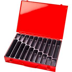 ADB Assortimentkoffer , leeg, 20 vakken, afsluitbaar, met handvat, B 330 x D 230 x H 50 mm, staal & ABS kunststof, verkeersrood RAL 3020