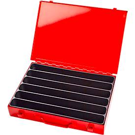 ADB Assortimentkoffer , leeg, 6 lange compartimenten, afsluitbaar, met handvat, B 330 x D 230 x H 50 mm, staal & ABS kunststof, verkeersrood RAL 3020