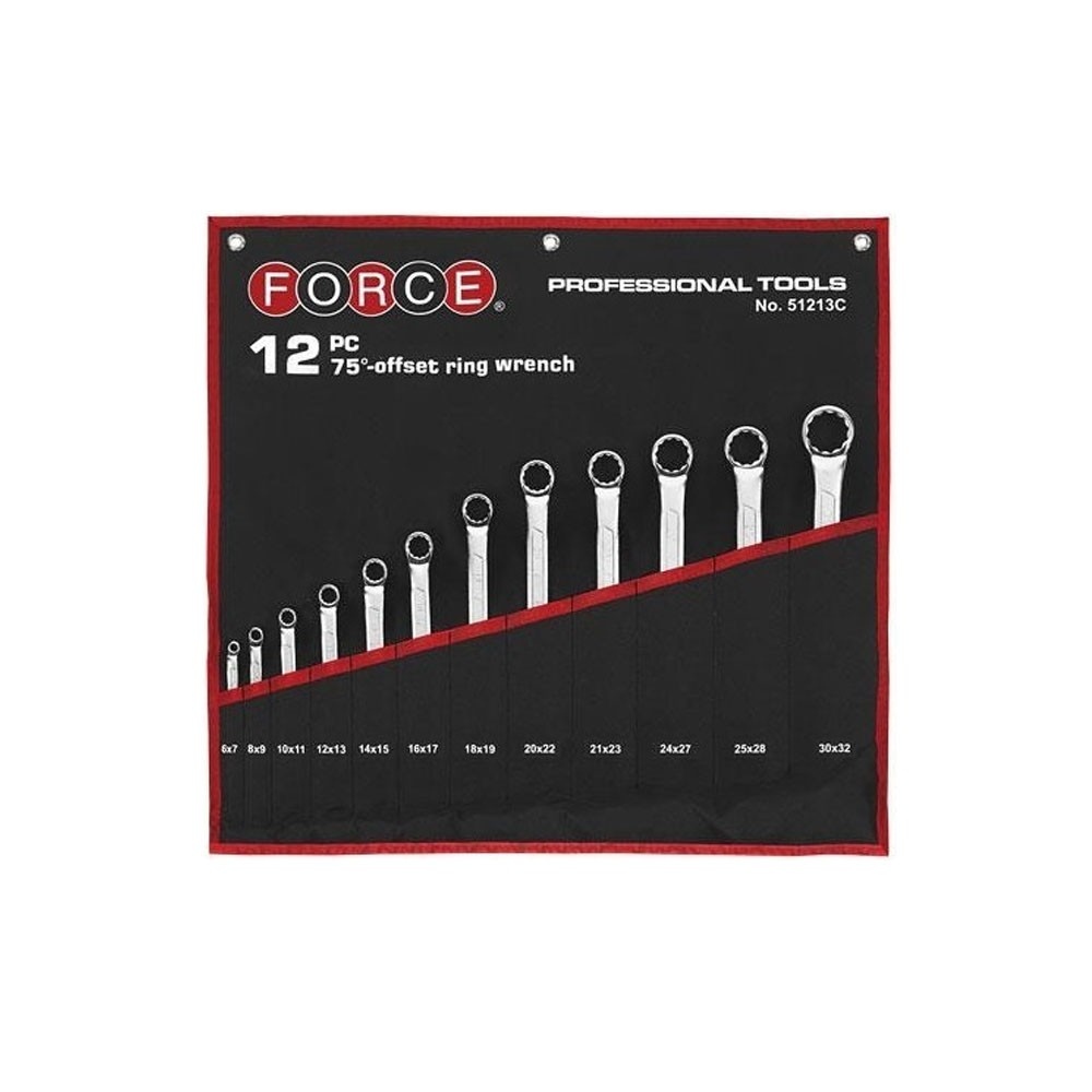 Force ringsleutelset met tas SAE 12-delig (75° gebogen)