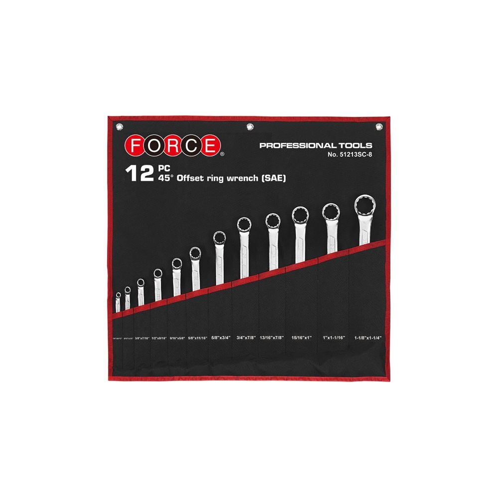 Force ringsleutelset met tas SAE 12-delig (45° gebogen)