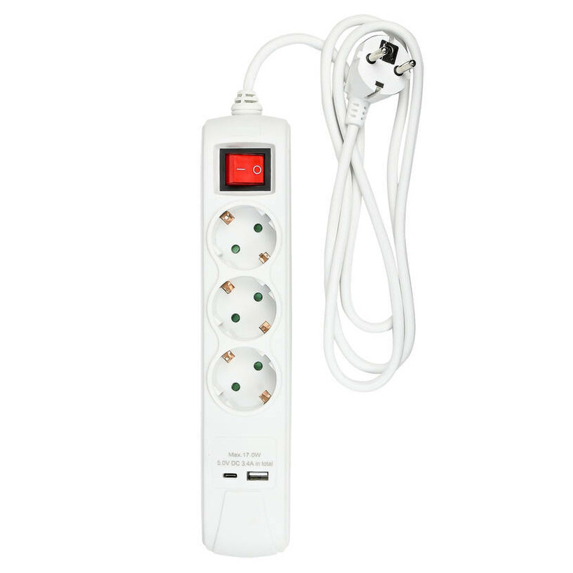 Benson Stekkerdoos 3-voudig - 2x usb - schakelaar - geaard - wit - 150 cm -