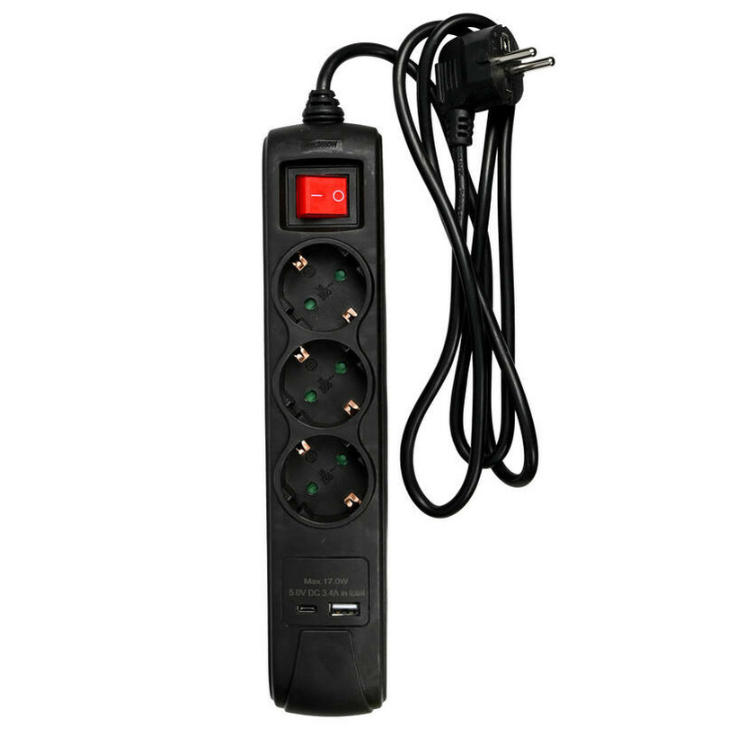 Benson Stekkerdoos 3-voudig - 2x usb - schakelaar - geaard - zwart - 150 cm -