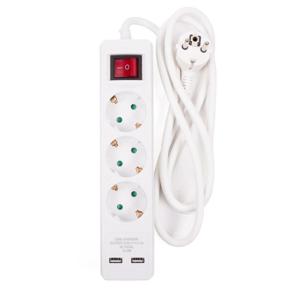 Benson Stekkerdoos 3-voudig- 2x usb - schakelaar - geaard - wit - snoer van 150 cm -