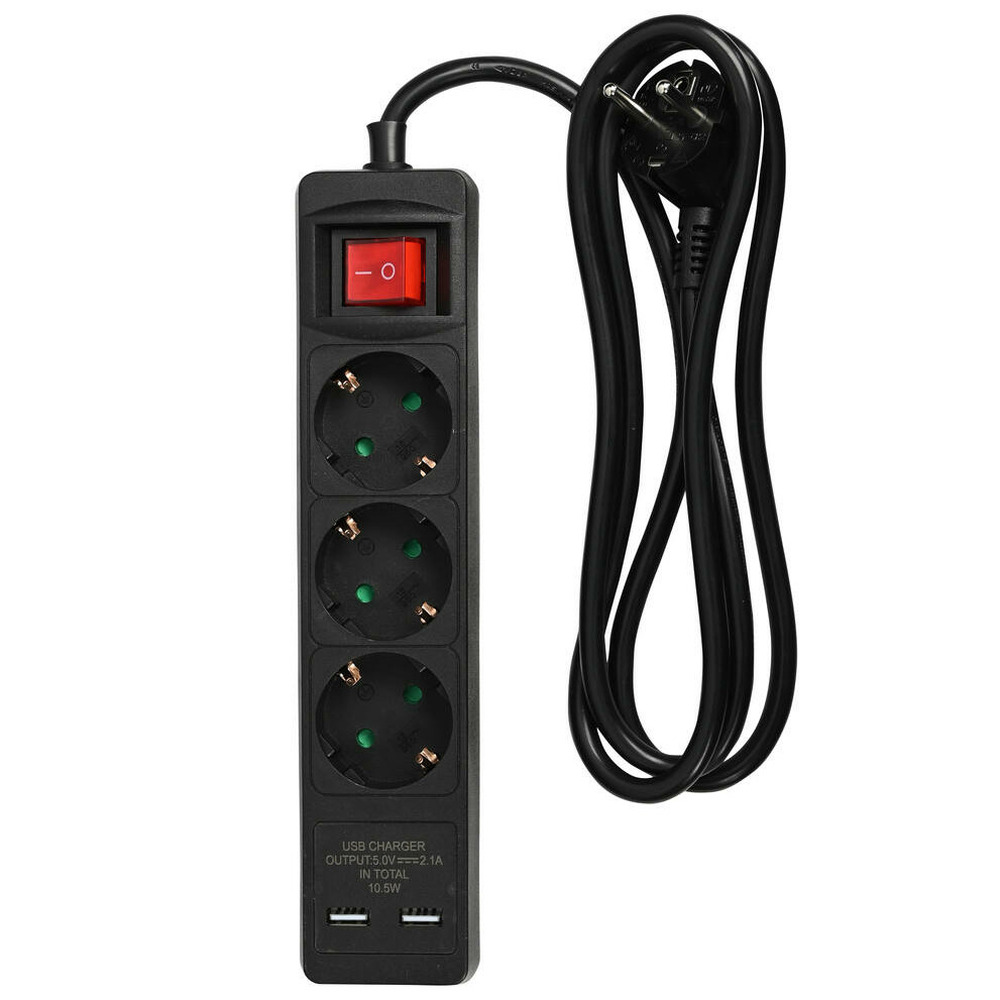 Benson Stekkerdoos 3-voudig- 2x usb - schakelaar - geaard - zwart - 150 cm -