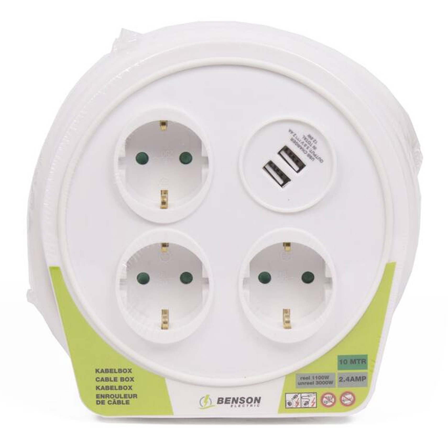 Benson Kabelhaspel/kabelbox - 10 meter - 3-voudig - stopcontacten geaard - USB - 2300 Watt/230v -