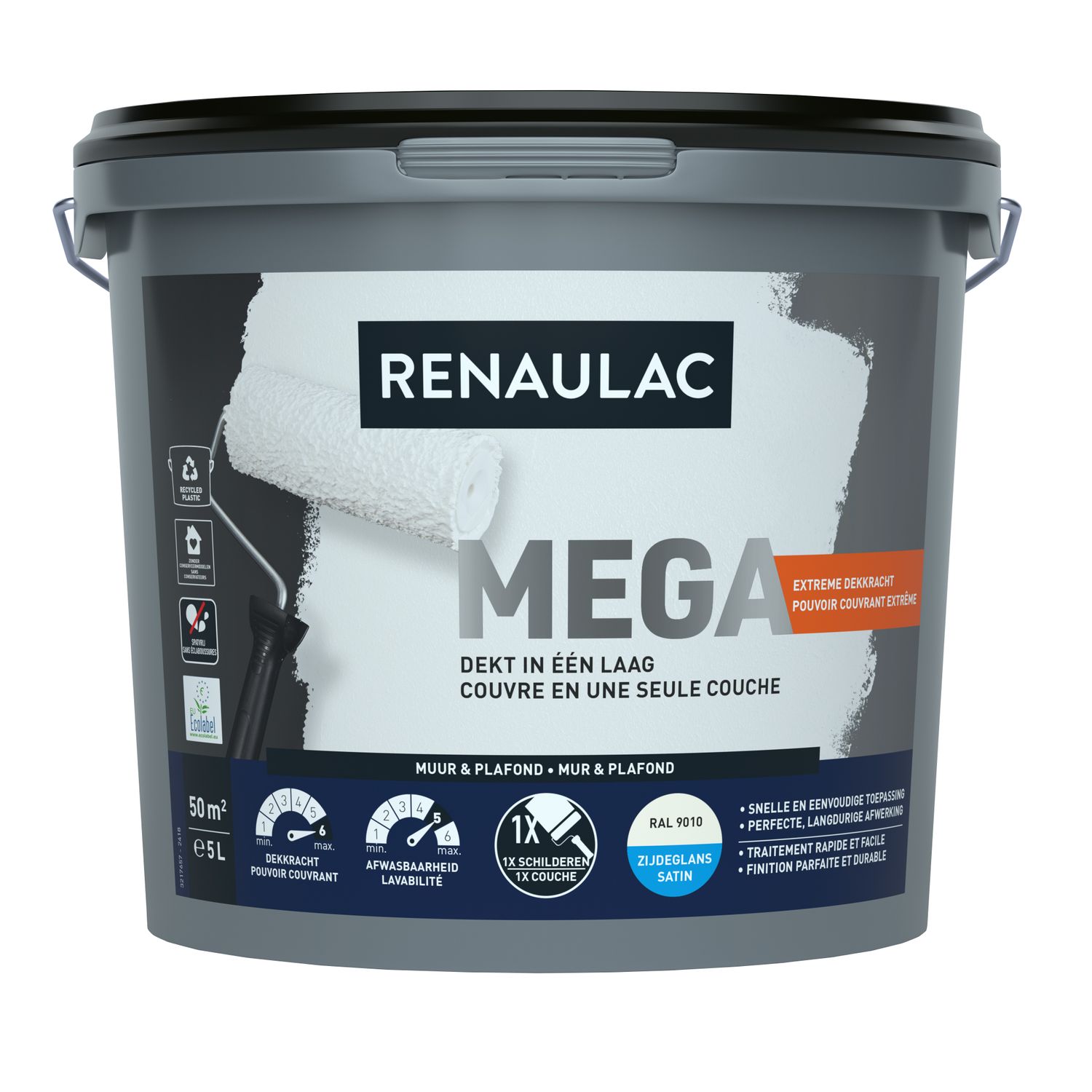 RENAULAC Latex Méga Zijdeglans Ral 9010 5l