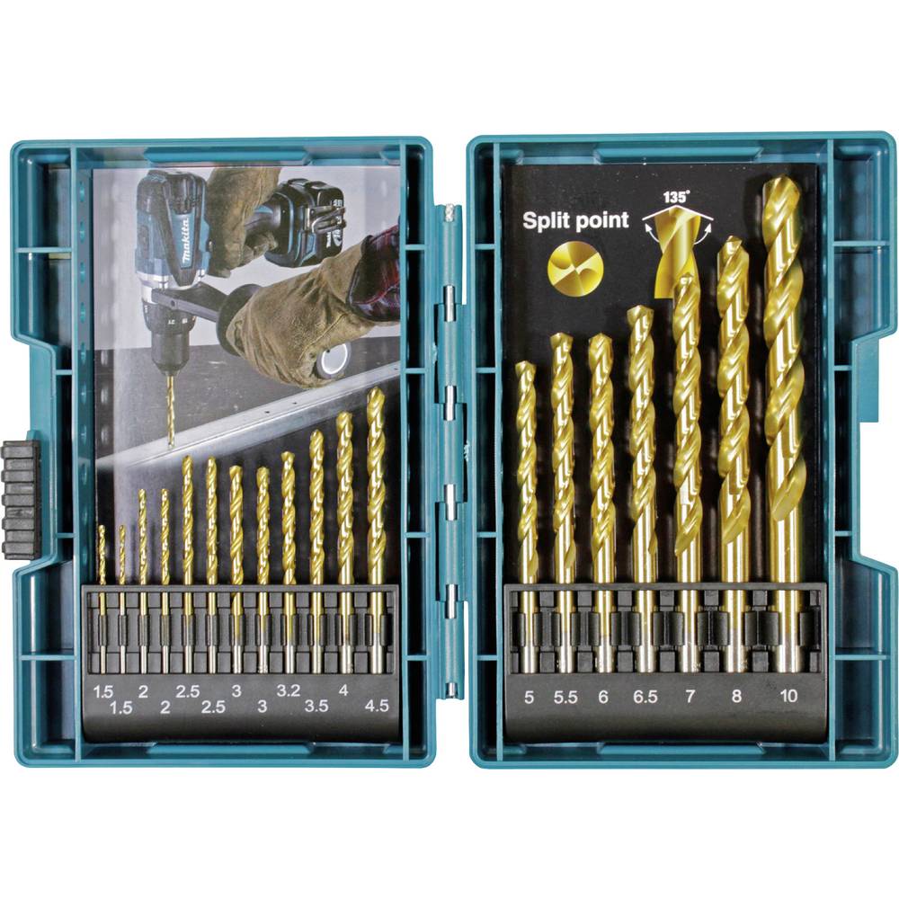 Makita B-67795 Kunststof Metaal-spiraalboorset 1.5 mm, 2.0 mm, 2.5 mm, 3.0 mm, 3.2 mm, 3.5 mm, 4.0 mm, 4.5 mm, 5.0 mm, 5.5 mm, 6.0 mm, 6.5 mm, 7.0 mm, 8.0 mm,