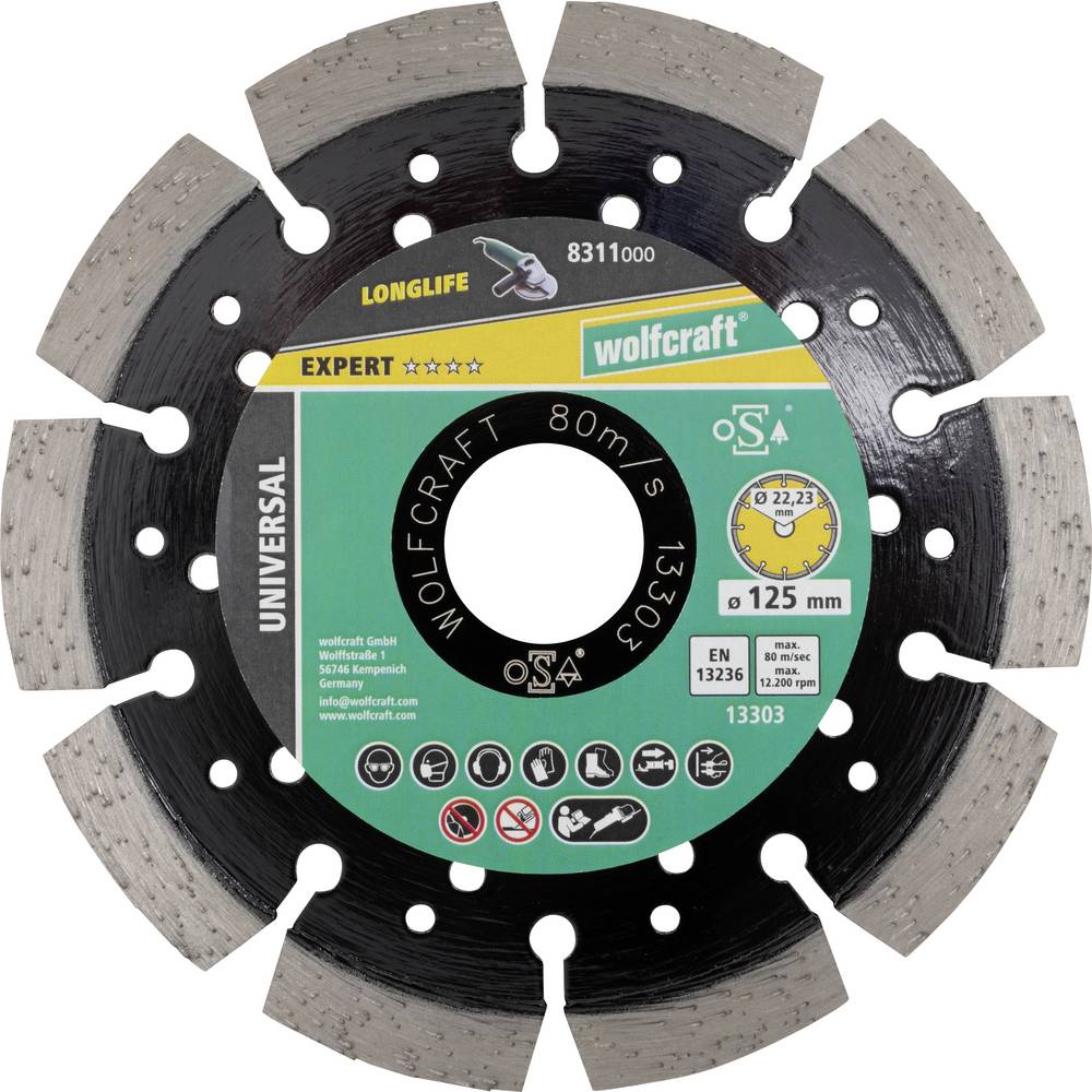 Wolfcraft 8311000 Diamanten doorslijpschijf 125 mm 1 stuk(s) Beton, Klinker, Natuursteen, Puimsteen, Kalkzandsteen