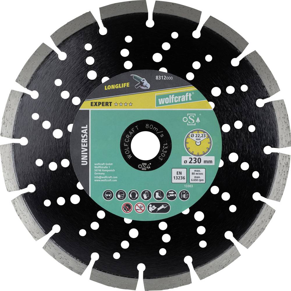 Wolfcraft 8312000 Diamanten doorslijpschijf 230 mm 1 stuk(s) Beton, Klinker, Natuursteen, Puimsteen, Kalkzandsteen