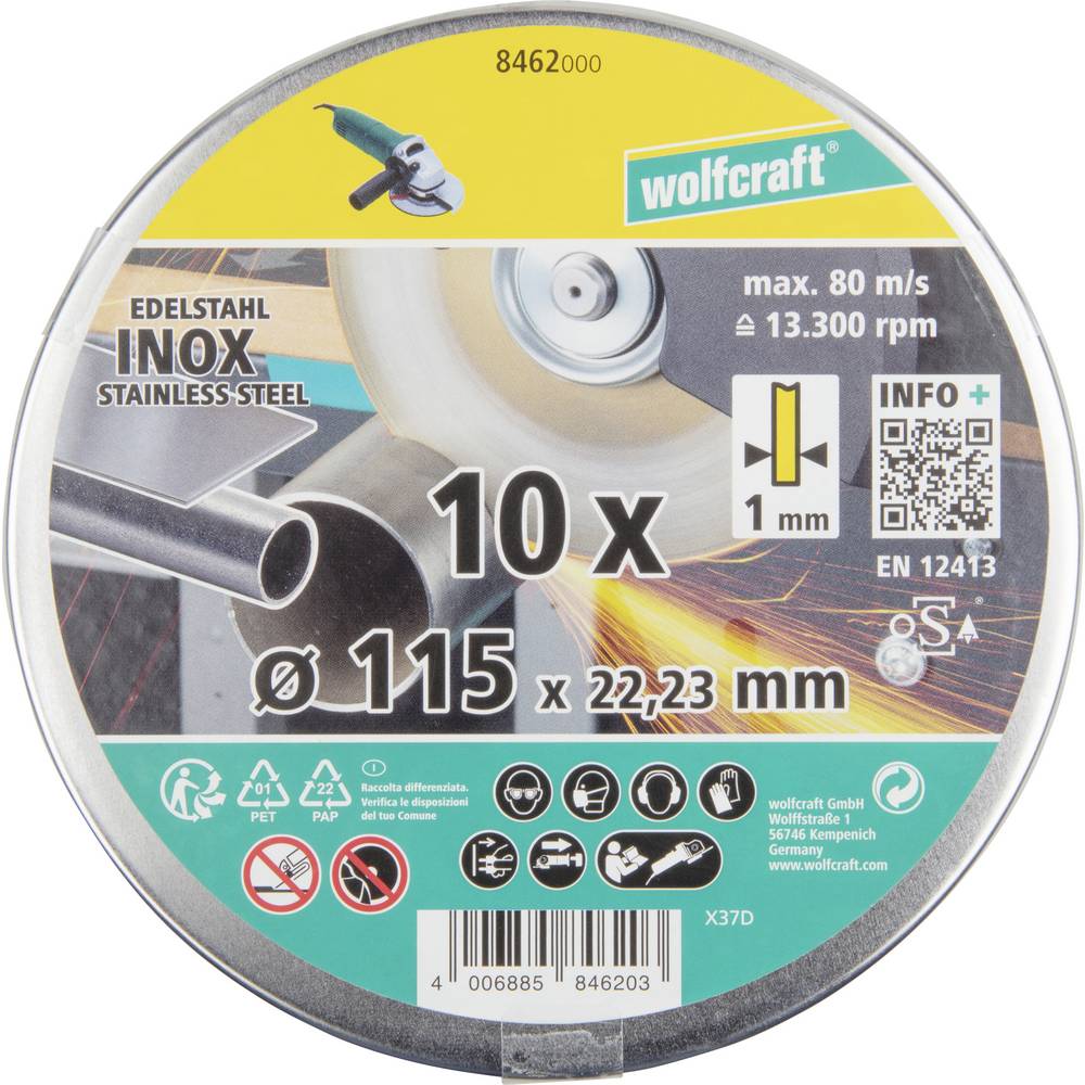 Wolfcraft 8462000 Diamanten doorslijpschijf 115 mm 10 stuk(s) RVS, Metaal