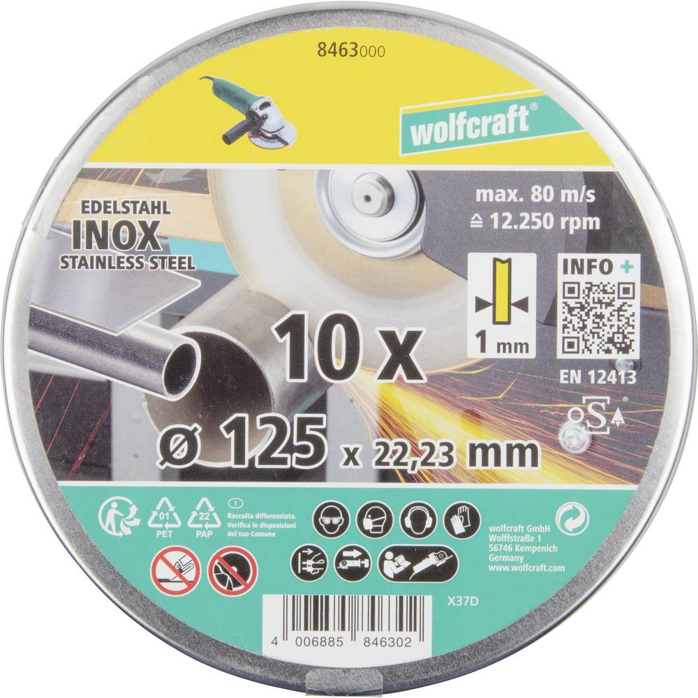 Wolfcraft 8463000 Diamanten doorslijpschijf 125 mm 10 stuk(s) RVS, Metaal
