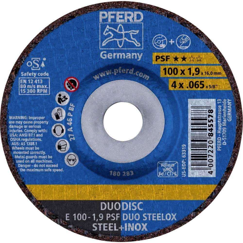 PFERD TOOLS 62010630 E 100-1,9 PSF DUO STEELOX/16,0 Afbraamschijf gebogen Diameter 100 mm Boordiameter 16 mm RVS, Staal, IJzerslag 10 stuk(s)