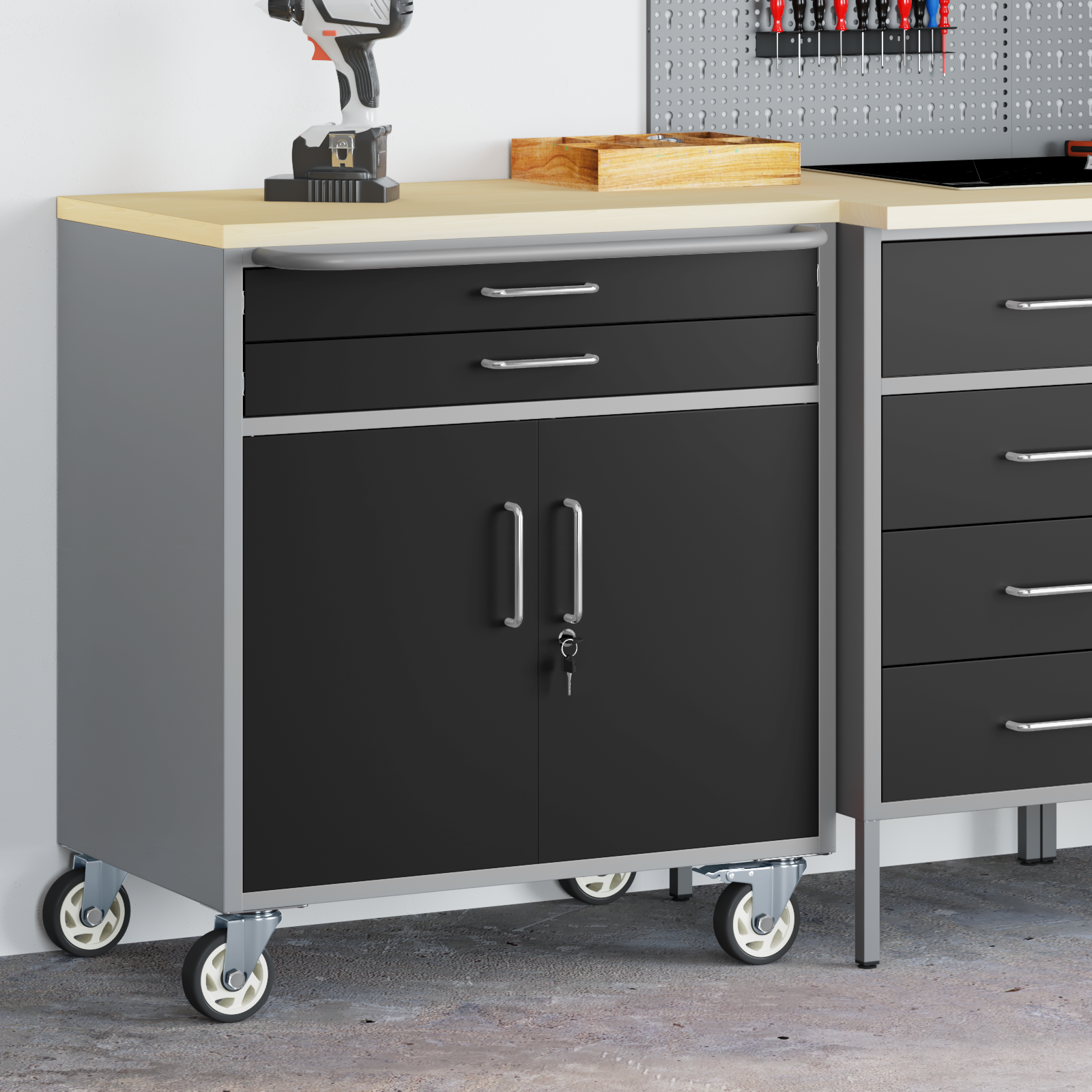 vidaXL Gereedschapskast met wielen en slot 75x45x85 cm staal zwart