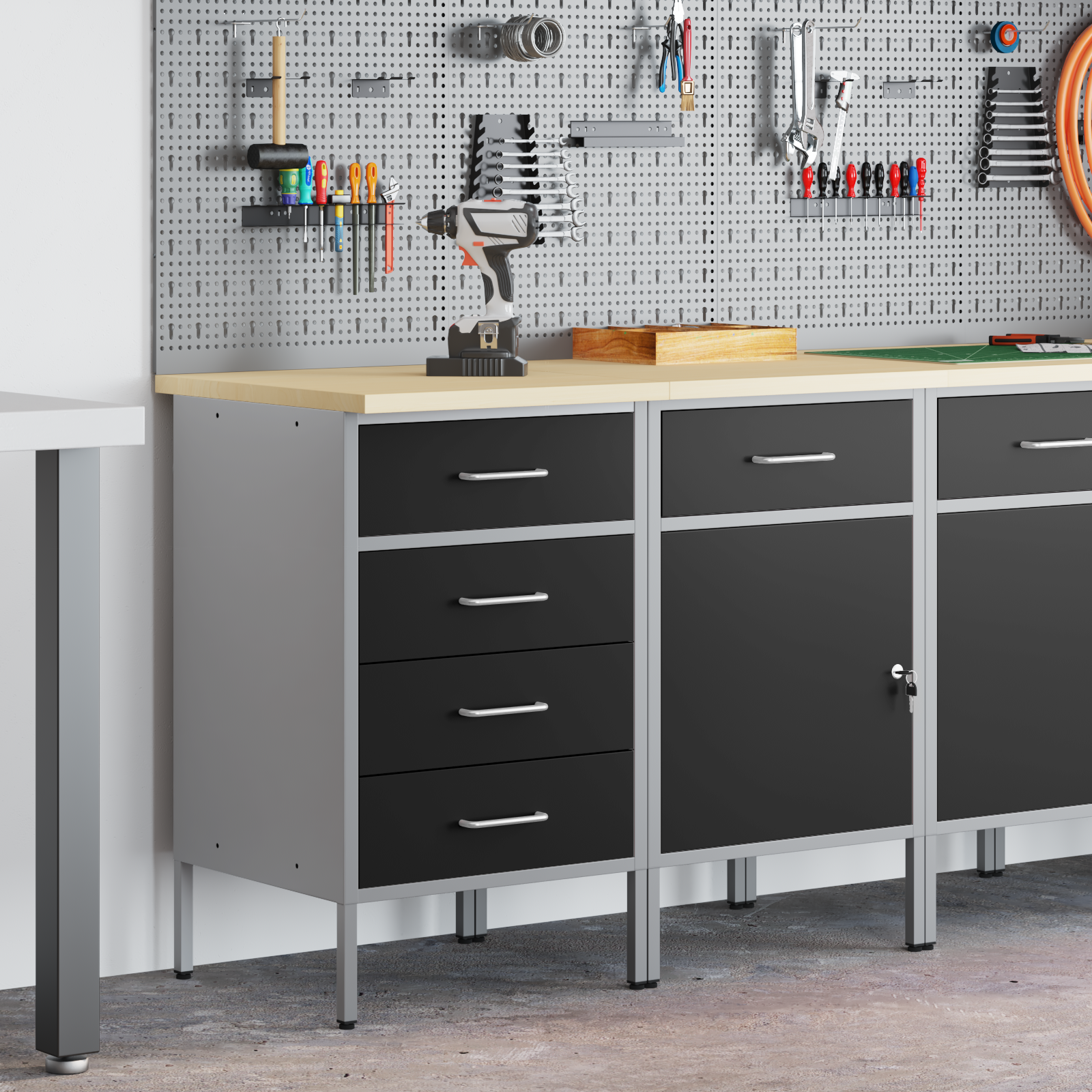 vidaXL 2-delige Werkcabinet Set Zwart en Grijs Gelaagd Hout en Staal