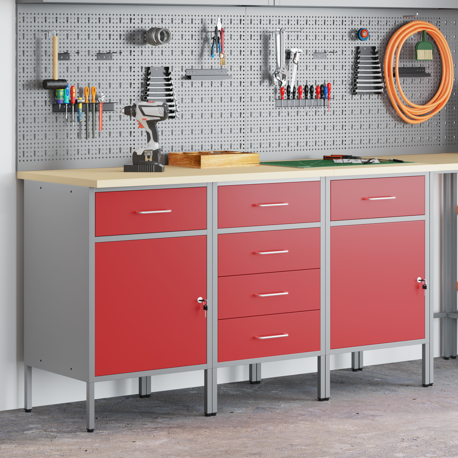 vidaXL 3-delige Werkcabinetset Rood & Grijs van Gegalvaniseerd Hout en Staal
