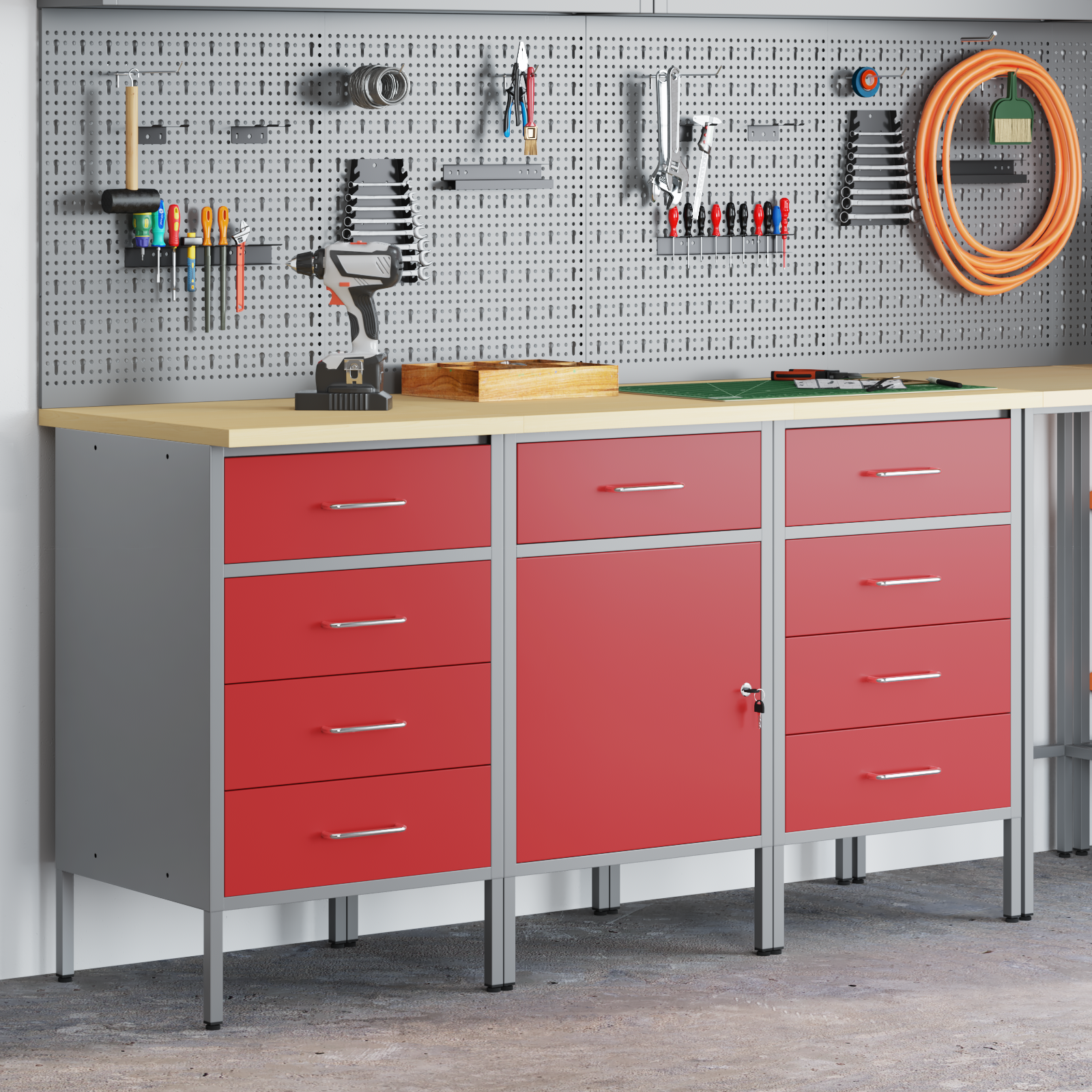 vidaXL 3-delige Werkkastenset bewerkt hout en staal rood en grijs