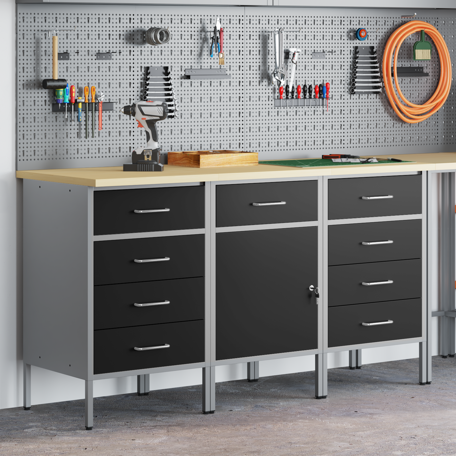 vidaXL 3-delige Werkkastenset bewerkt hout en staal zwart en grijs