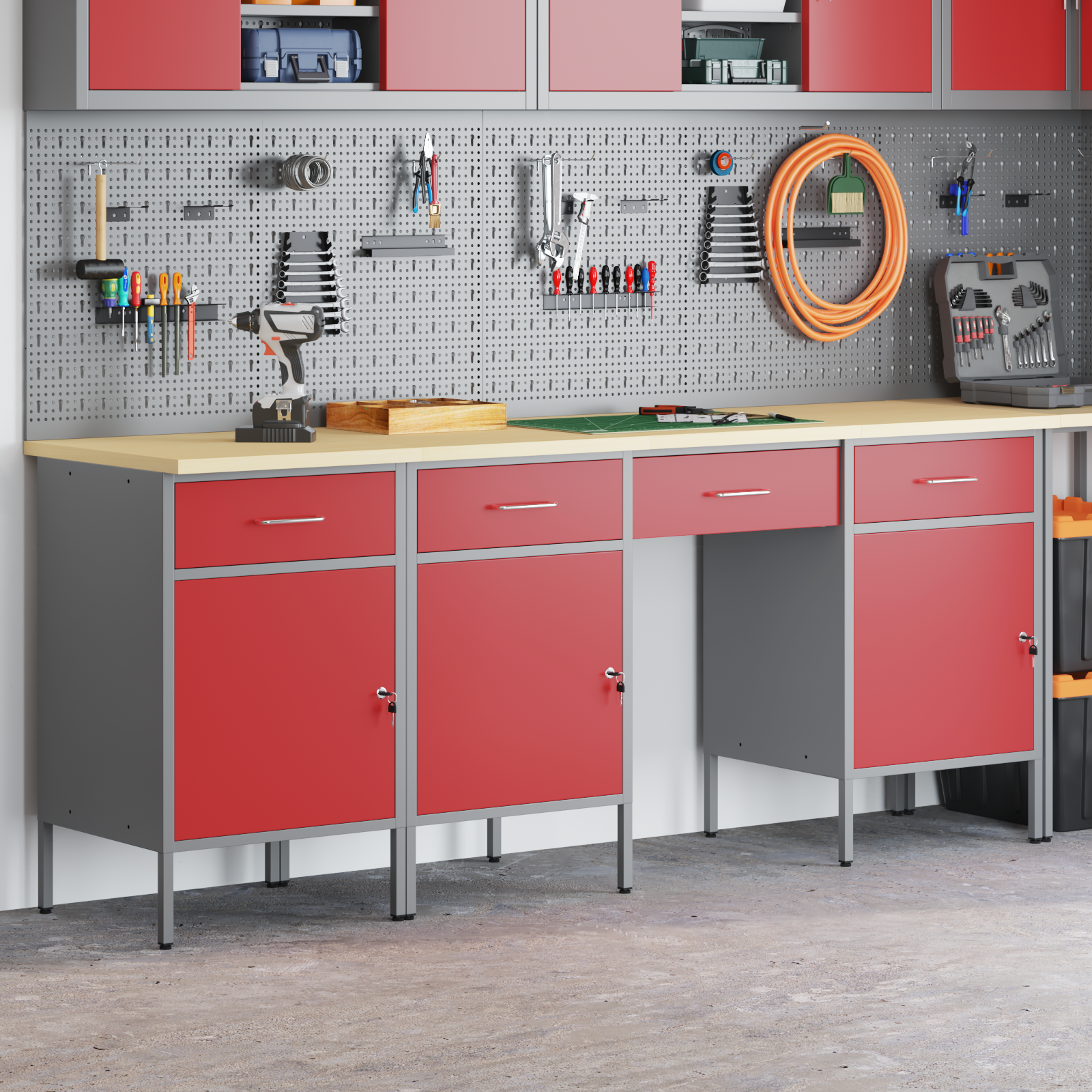 vidaXL 4-delige Werkkast en tafelset bewerkt hout en staal rood