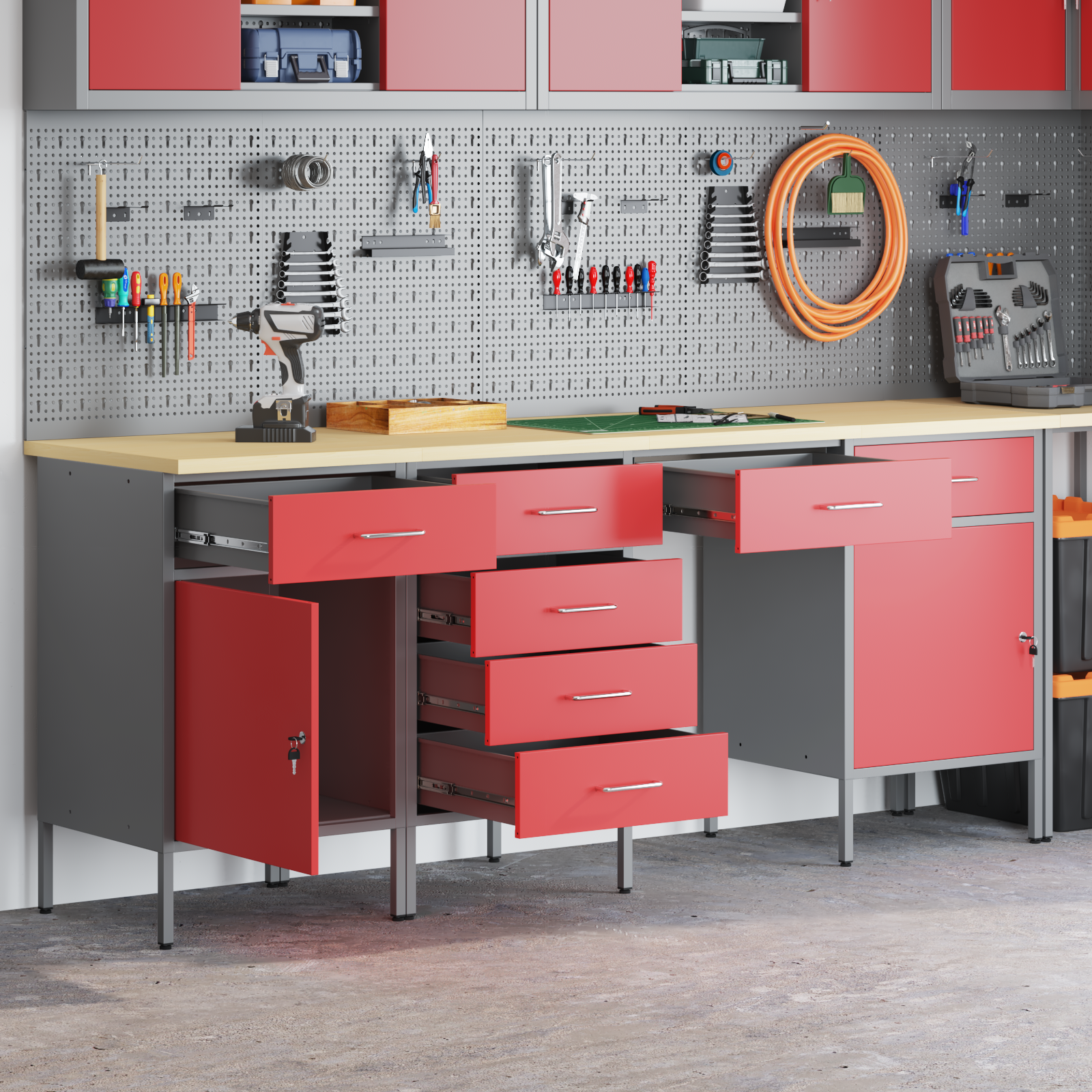 vidaXL 4-delige werkcabinet en tafel set rood gespoten hout en staal