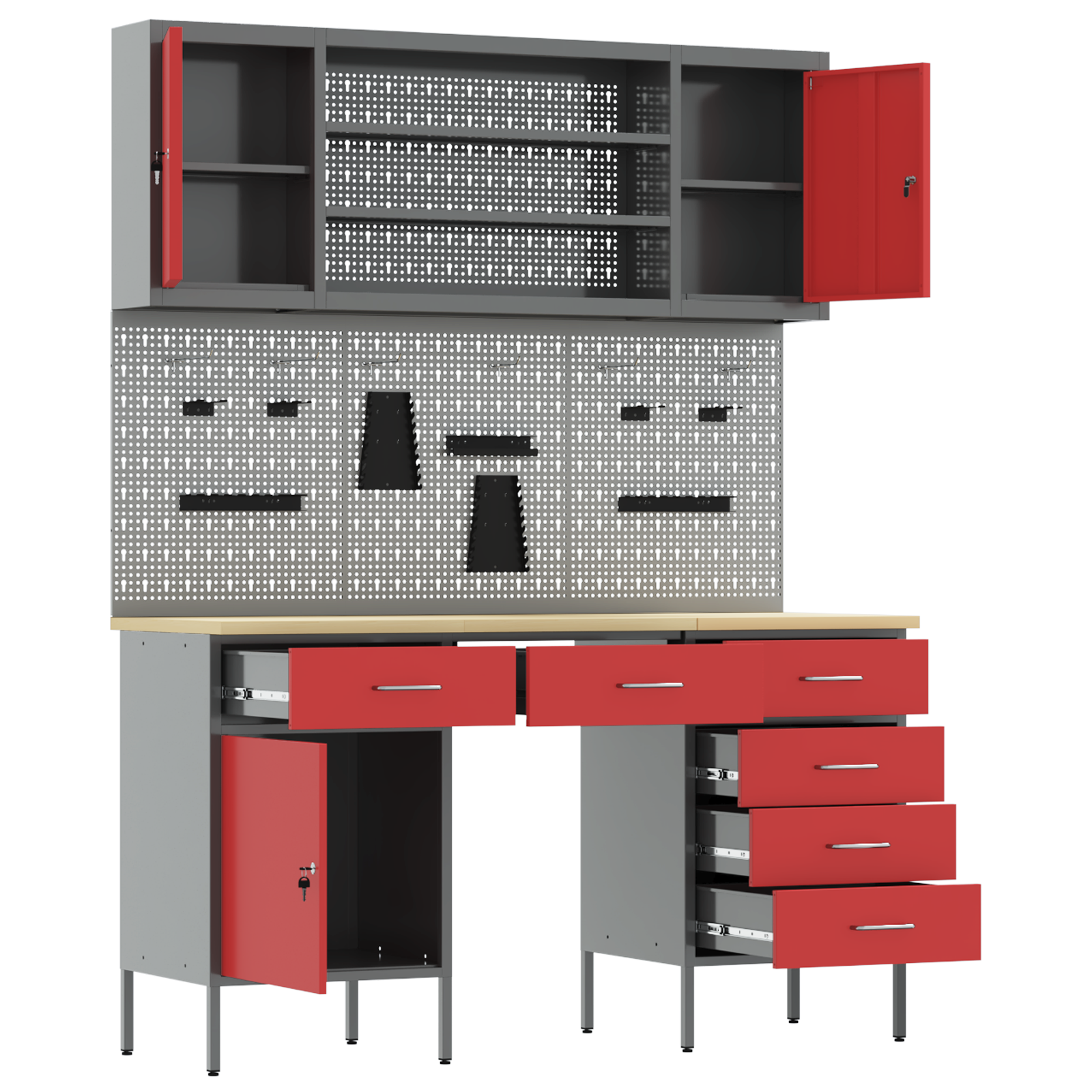 vidaXL 7-delige Werkcabinet en Pegboard Set Rood MDF en Metaal