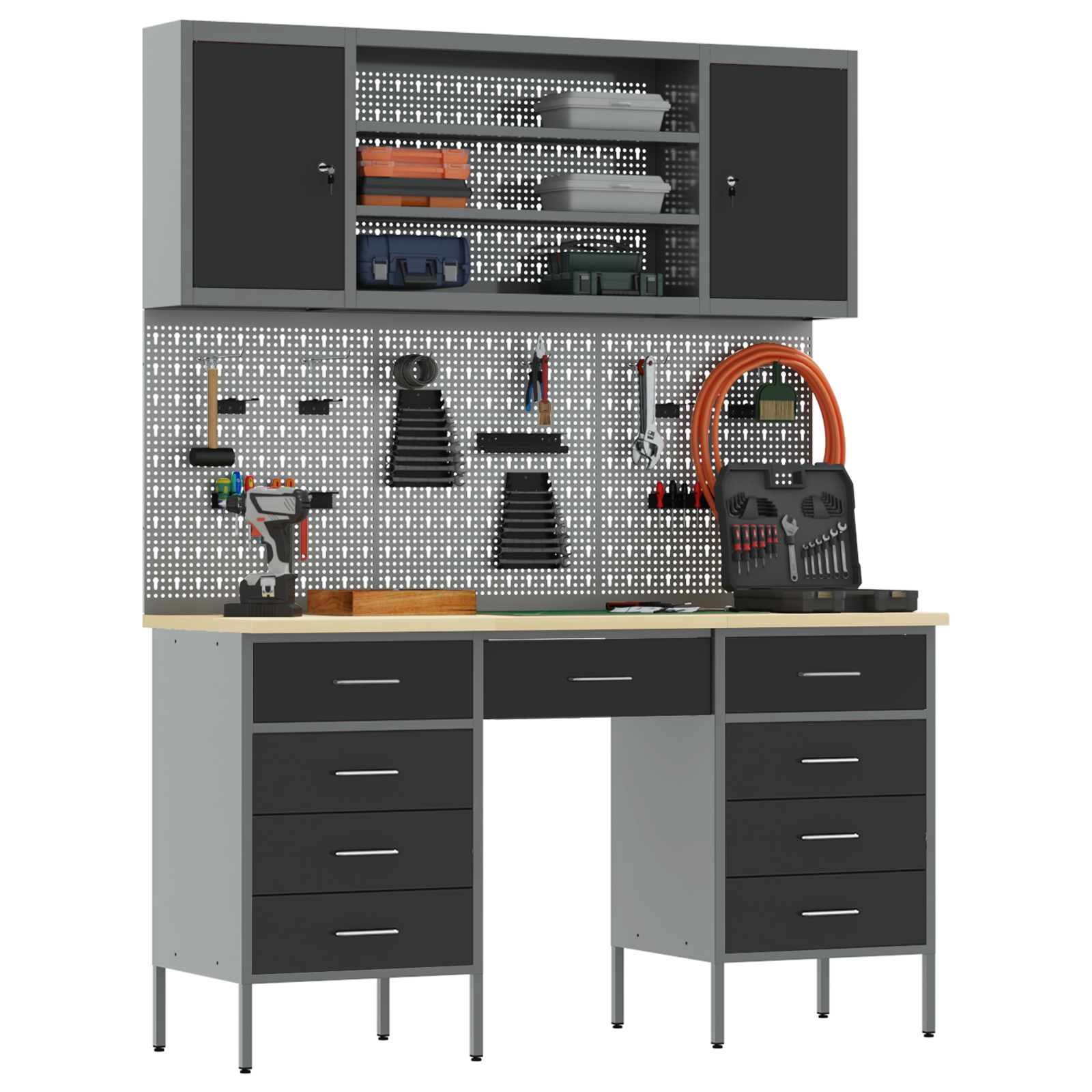 vidaXL 7-delige Werkkast en pegboardset MDF en metaal zwart