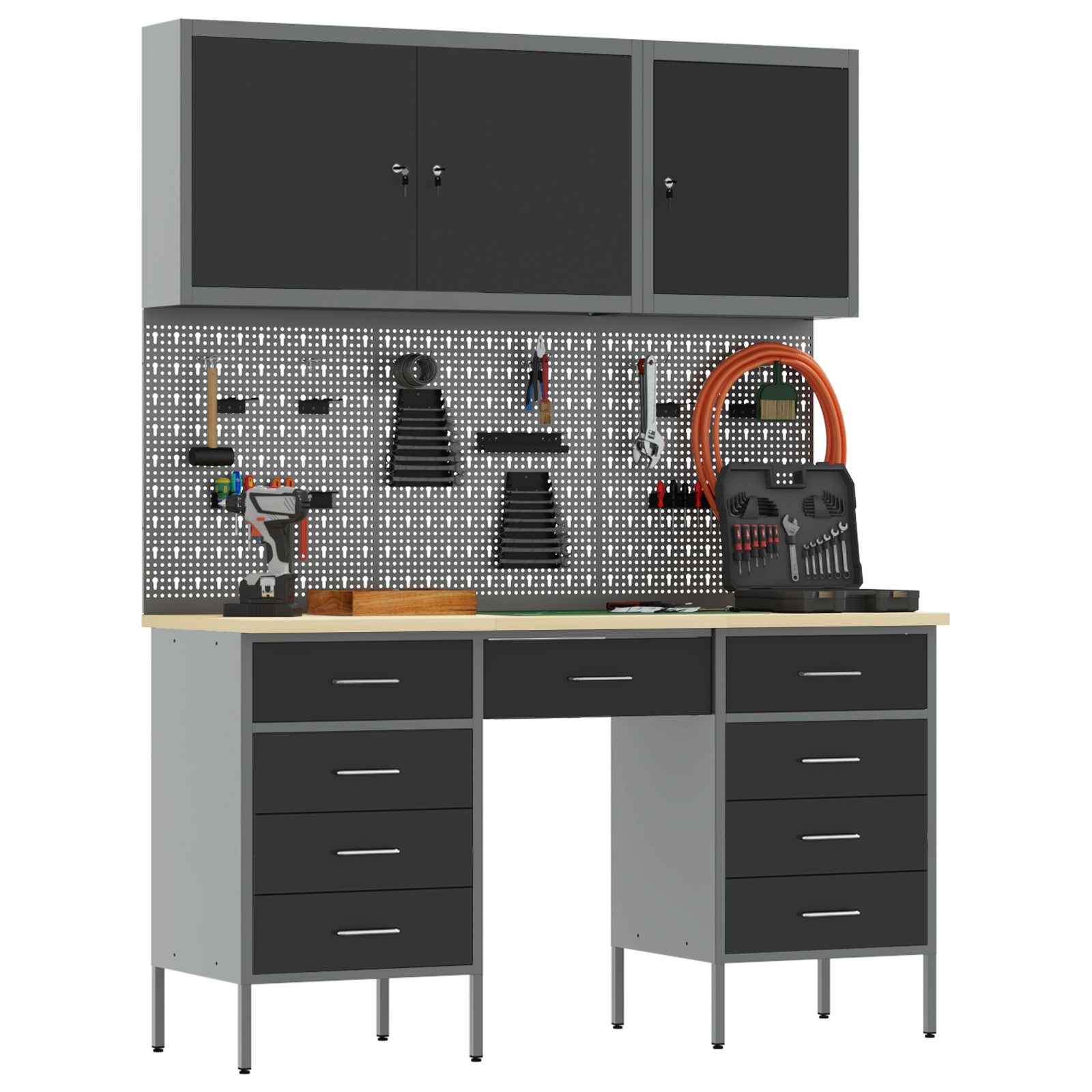 vidaXL 8-delige Werkkast en pegboardset MDF en metaal zwart