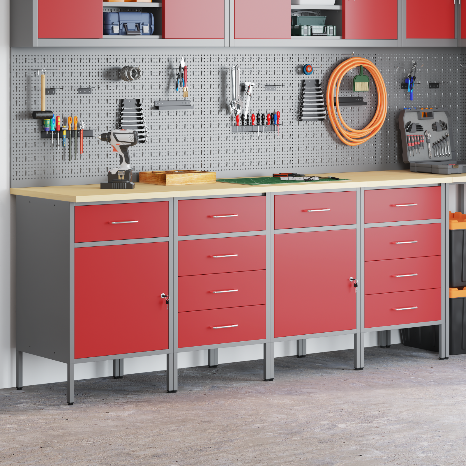vidaXL 4-delige Werkcabinet Set Rood en Grijs van Geëngineerd Hout en Staal