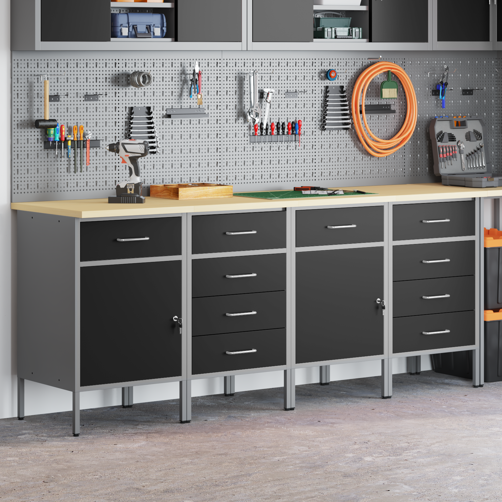 vidaXL 4-delige Werkkast Set Zwart en Grijs Gelaagd Hout en Staal