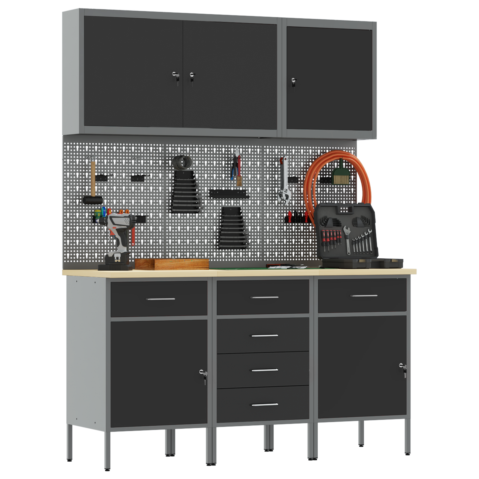 vidaXL 8-delige Werkkast en pegboardset MDF en metaal zwart