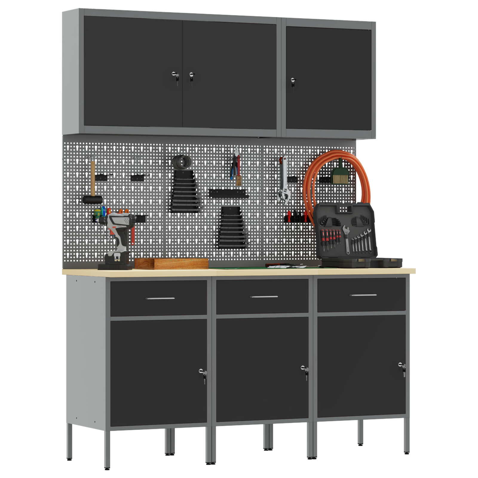 vidaXL 8-delige Werkbank Set Zwart Staal