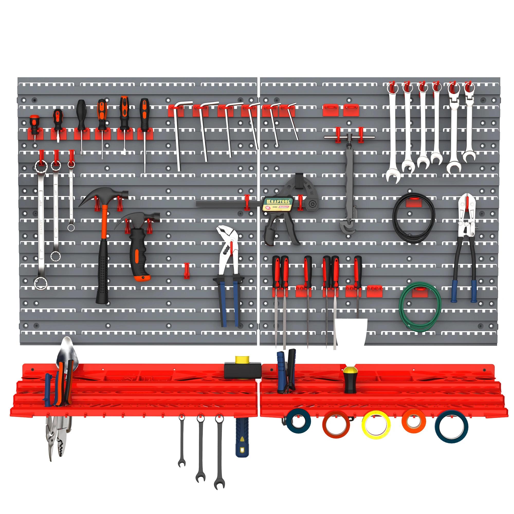 DURHAND Geperforeerde gereedschapswand, 54-delige gereedschapshouder, werkplaats opbergdozen, haakenset, 95,5 x 23 x 53,5 cm, Grijs + Rood | Aosom.nl