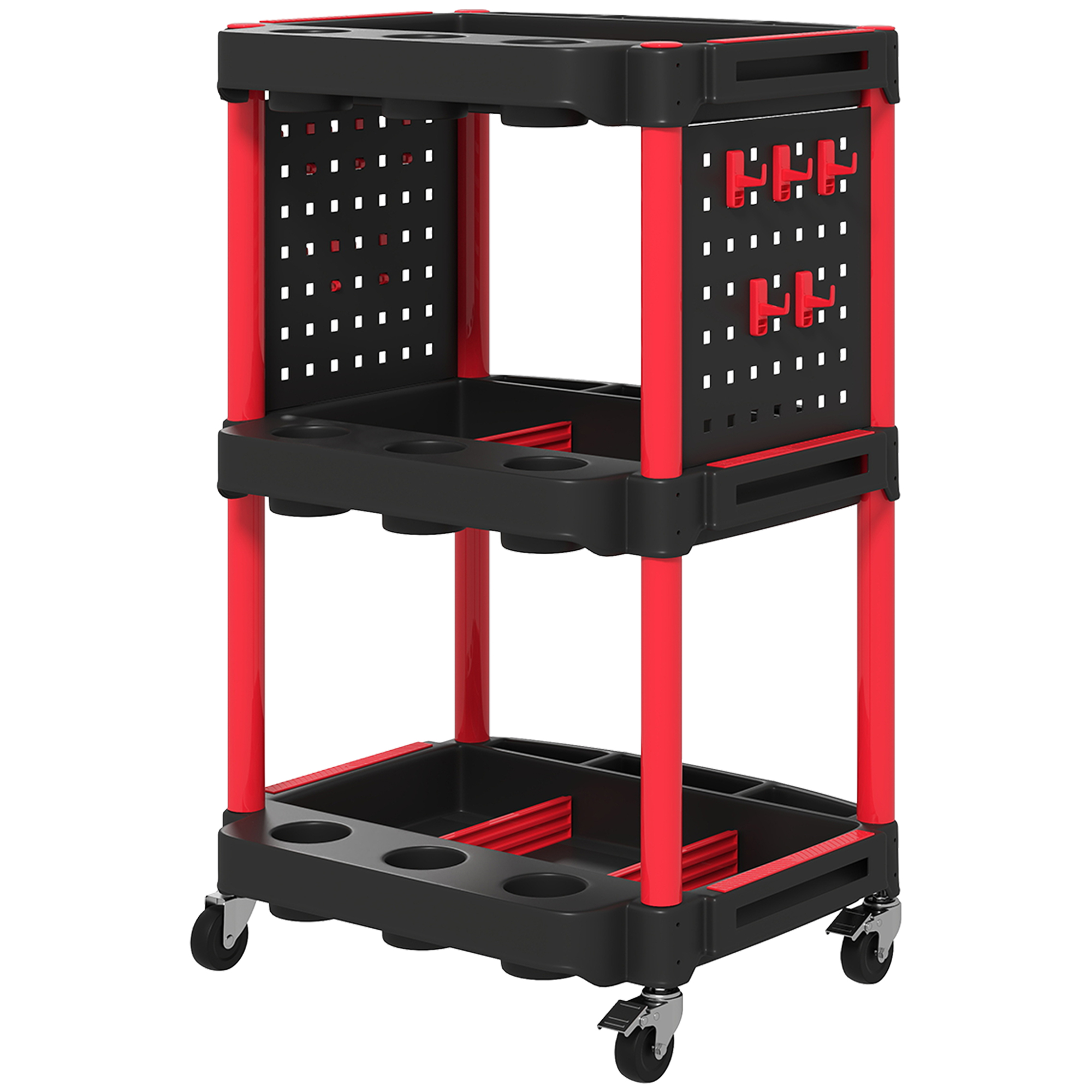 HOMCOM Gereedschapswagen, Drie Niveaus, 4 Wielen, Kunststof, 10 Haken, Zwart+Rood