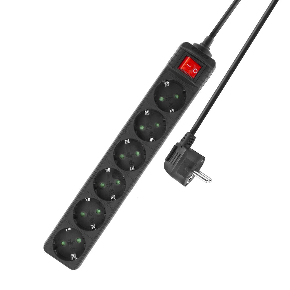 ACT AC2465 Stekkerdoos 6 Sockets 45° | Lichtgevende Schakelaar | Zwart | 3 meter