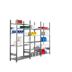 SSI Schäfer Legbordstelling R 3000 , B 3105 x P 500 x H 2278 mm, 3 stellingsecties: 1 basis- en 2 aanbouwsecties inclusief 15 in hoogte verstelbare legborden, gegalvaniseerd