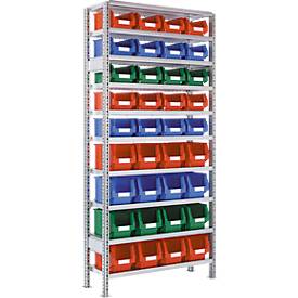 SSI Schäfer Legbordstelling R 3000, B 1055 x D 400 x H 2278 mm, 1 basis stelling, 10 legborden en 36 bakken van polyethyleen
