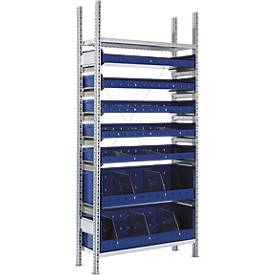 SSI Schäfer Legbordstelling R 3000, Complete stelling 1,055 m, 1 basis stelling met 2 legborden en 7 magazijnbakken