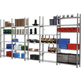 SSI Schäfer Legbordstelling R 3000, complete stelling 5,155 m, 1 basis- en 4 aanbouwsecties incl. 25 legborden, gegalvaniseerd, H 2278 x B 5155 x D 400 mm