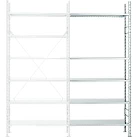 SSI Schäfer Legbordstelling R 3000, complete stelling 5,155 m, 1 basis- en 4 aanbouwsecties incl. 25 legborden, gelakt, H 2278 x B 5155 x D 300 mm