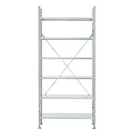 SSI Schäfer Legbordstelling R 3000, complete stelling 5,155 m, 1 basis- en 4 aanbouwsecties incl. 25 legborden, gelakt, H 2278 x B 5155 x D 600 mm