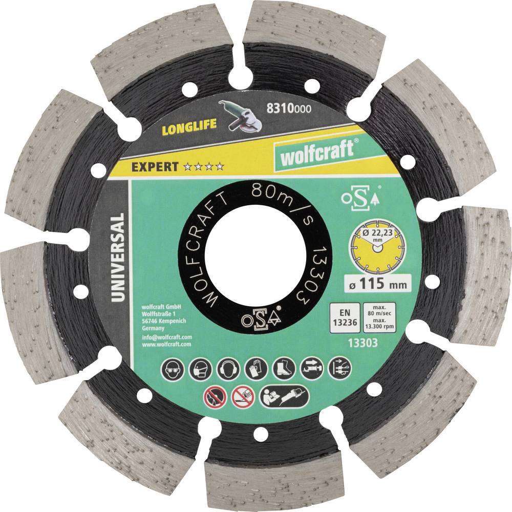 Wolfcraft 8310000 Diamanten doorslijpschijf 115 mm 1 stuk(s) Beton, Klinker, Natuursteen, Puimsteen, Kalkzandsteen