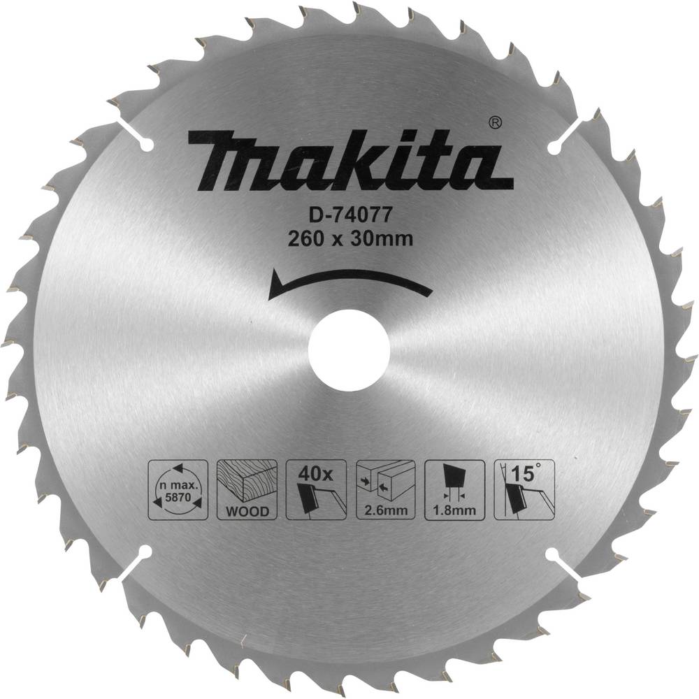 Makita Zaagblad 260x1,8x30mm, 40 tanden  D-74077 Diameter:260 mm Aantal tanden:40