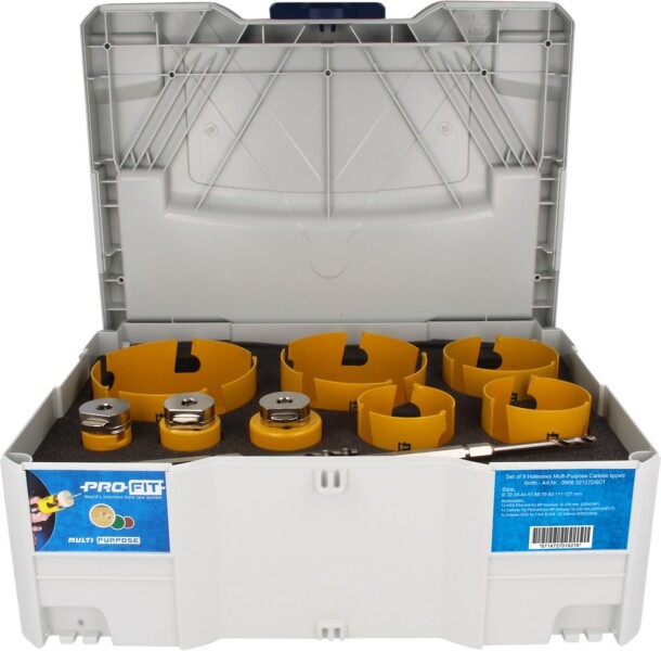 ProFit 090832127DSCT Multi Purpose Gatzagen Set In T-Loc Systainer 9 Stuks 32-35-44-51-68-76-92-111-127 Mm, Met Geintegreerde Adapters En Van Elk 1 Stuks Click&Drill Centreerboor (HSS) DDH2MP, (HM) DD