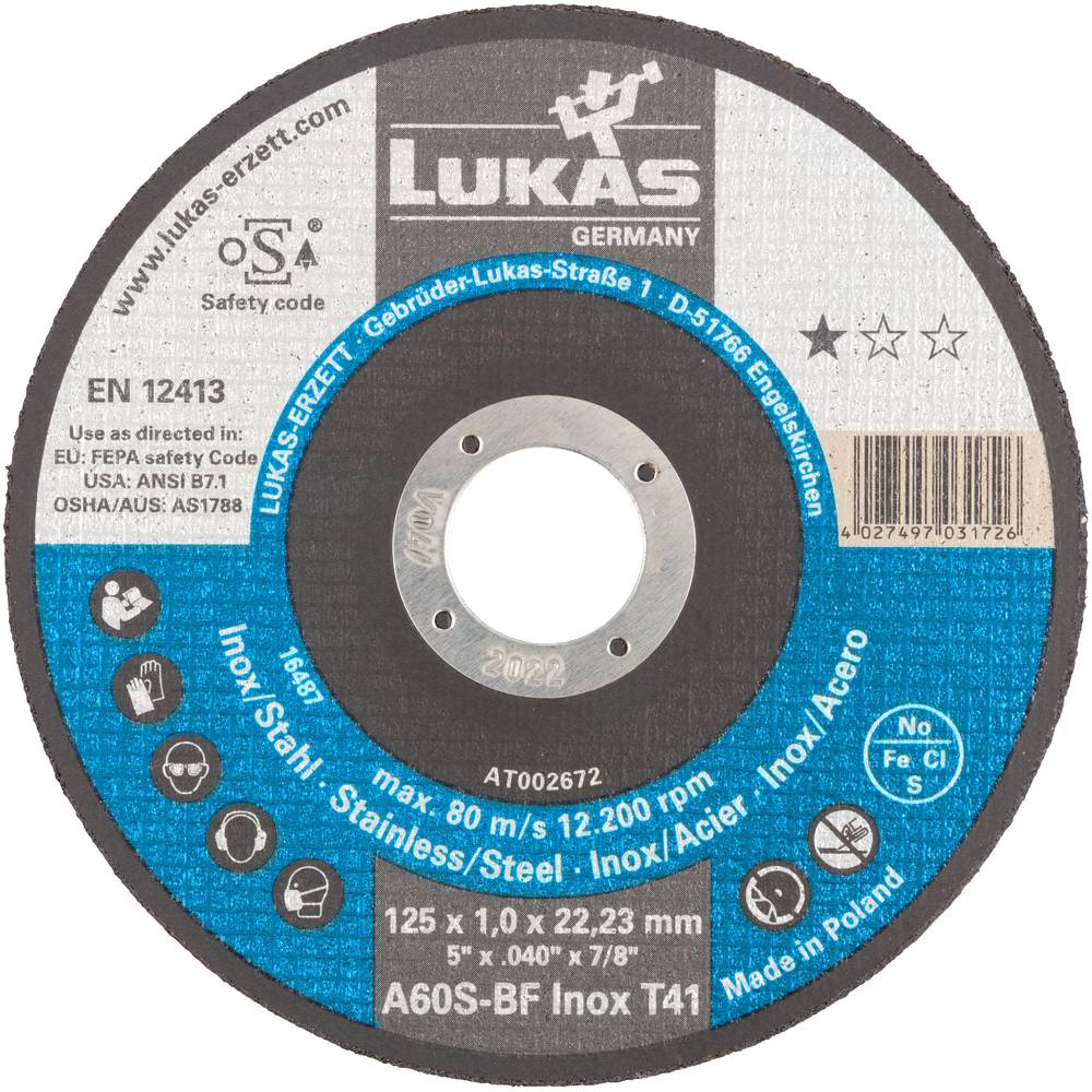 LUKAS-ERZETT T41 125x1,0x22,23 A60S-BF AT002672V9802 Doorslijpschijfset 125 mm 50 stuk(s)