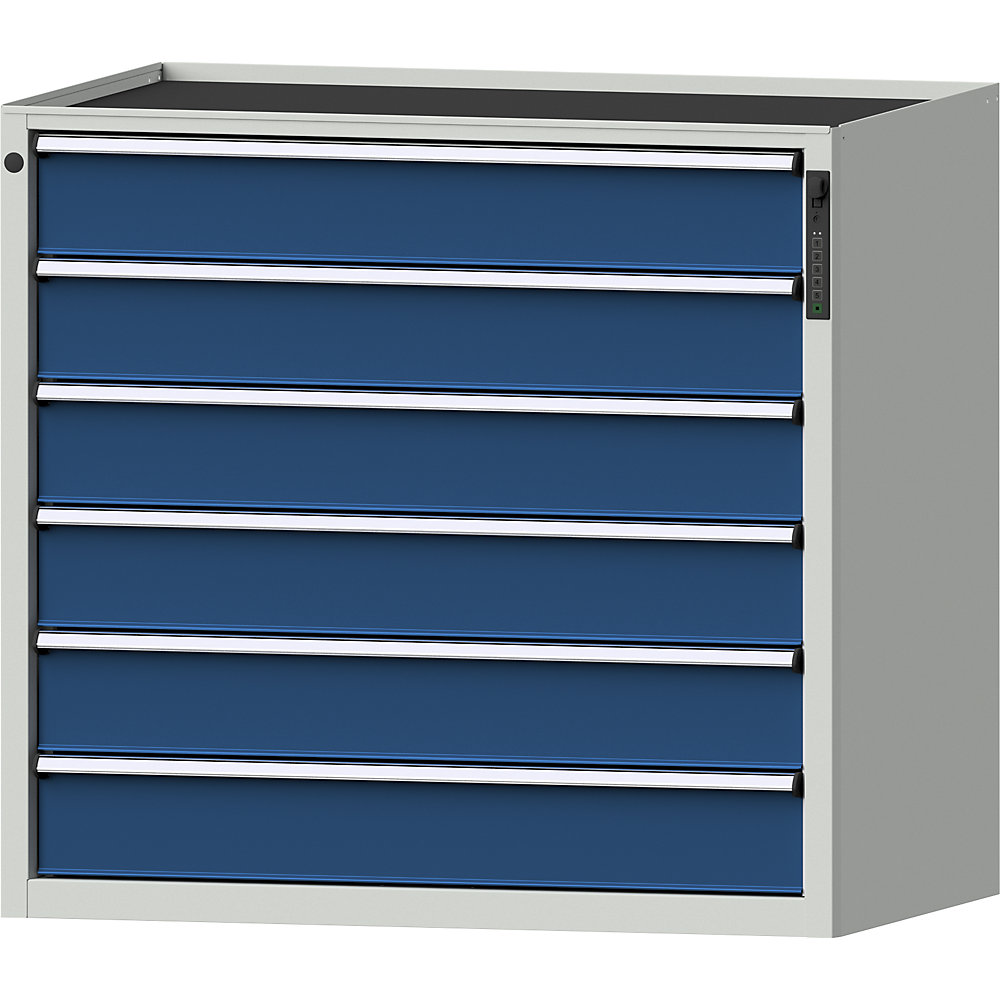 ANKE Ladekast, elektronisch PIN-slot, 6 x 150 mm laden, h x b x d 980 x 1060 x 675 mm, blauw