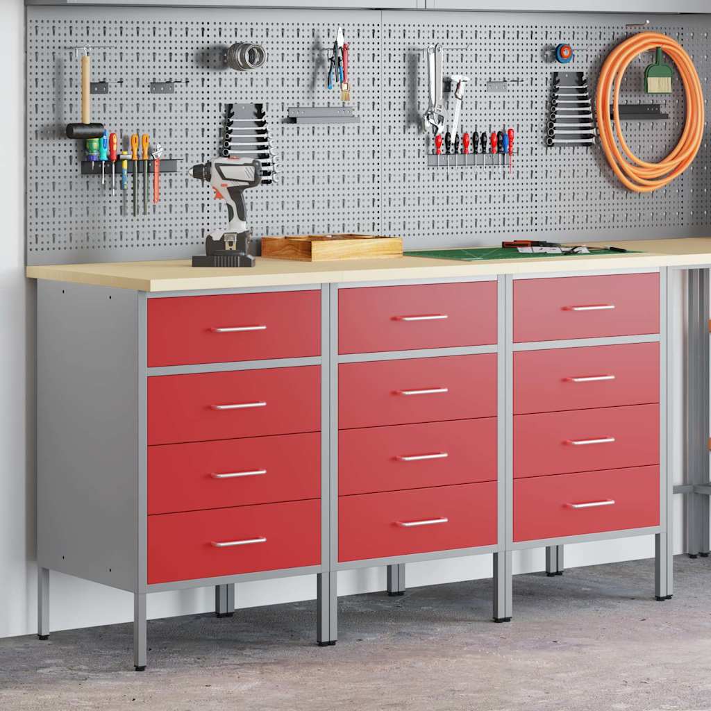 vidaXL Werkcabinet 3-delig Rood en Grijs van Geengineerd Hout en Staal