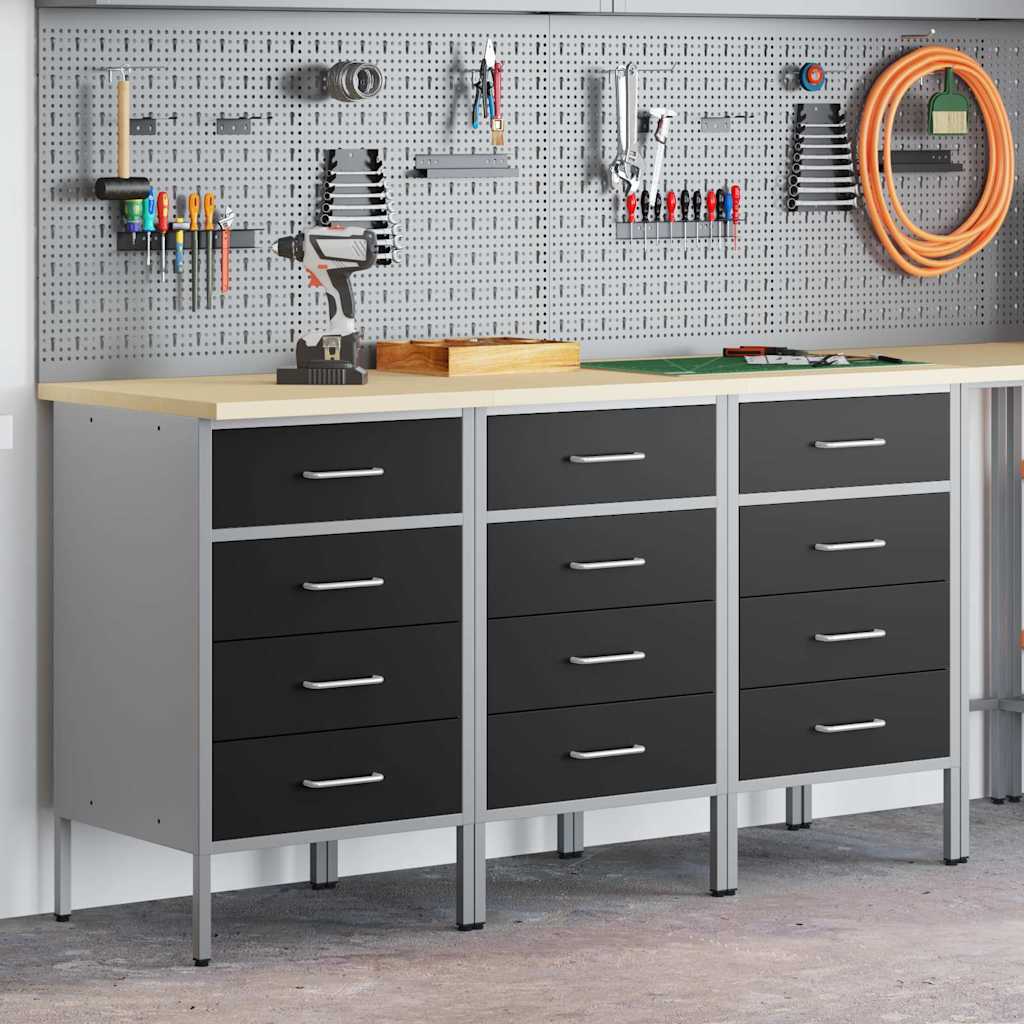 vidaXL Werkkasten 3 st bewerkt hout en staal zwart en grijs