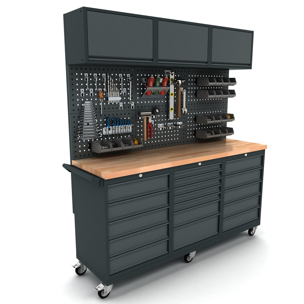 Bullram werkbank mobiel 2 x 5 en 1 x 7 ladekast incl. gereedschapswand en bovenkast