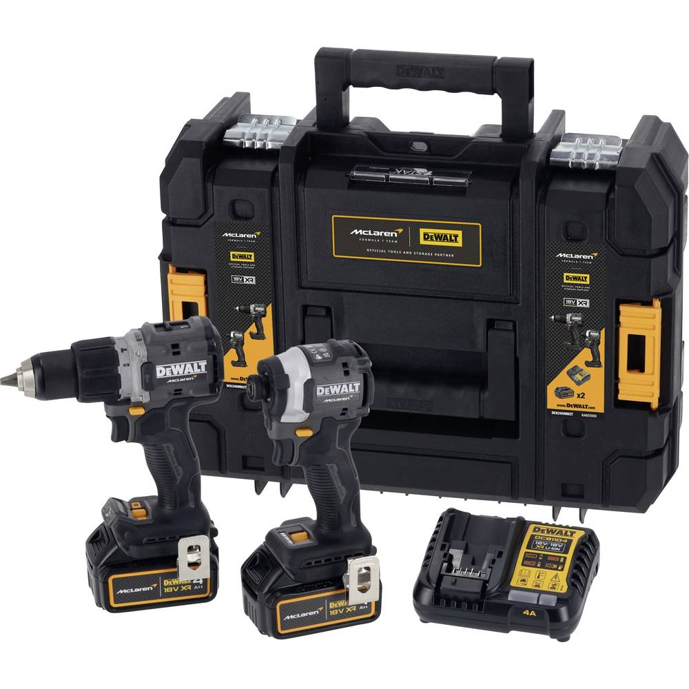 DEWALT McLaren DCD85M u. DCF85M Accu-klopboor/schroefmachine, Accu-slagmoersleutel 2 snelheden Incl. 2 accus, Incl. lader