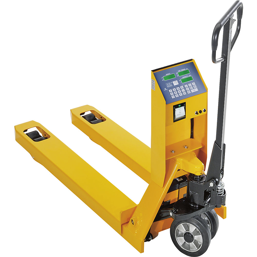 Pallethefwagen met precisieweegschaal, met thermoprinter, display voor aantal stuks, aflezing van 0 tot 2200 kg per 0,5 kg